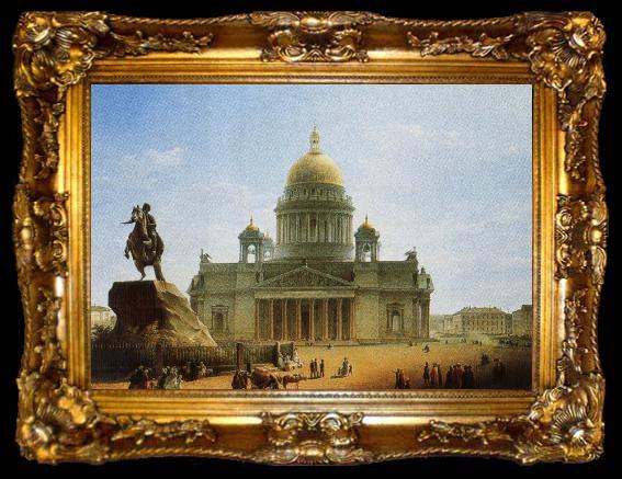 framed  nikolay gogol rhe statue of peter the great in front of the cathedral in st petersburg, ta009-2